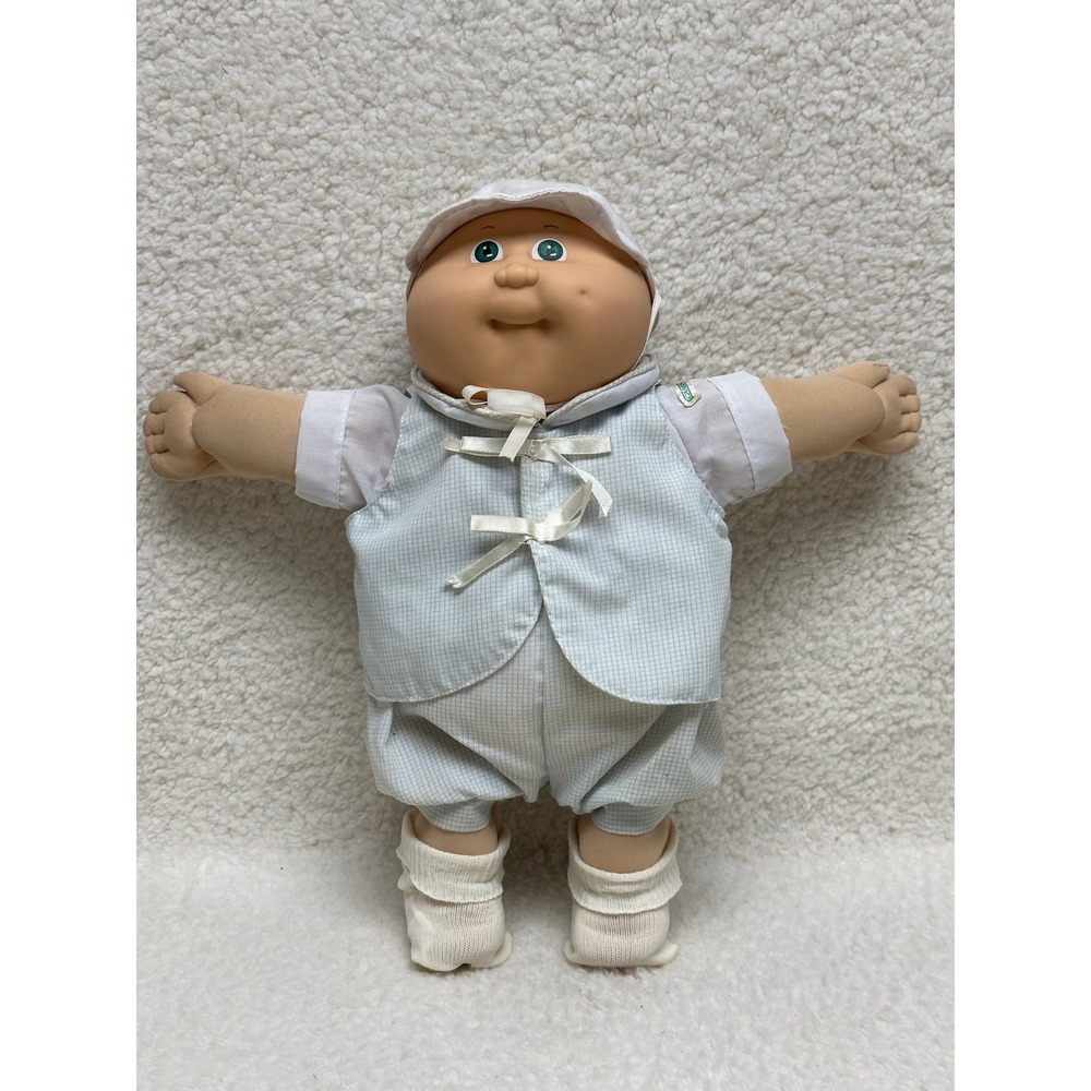 Cabbage Patch Kids Doll Baby Bald Green Eyes Blue Gingham Outfit 1985